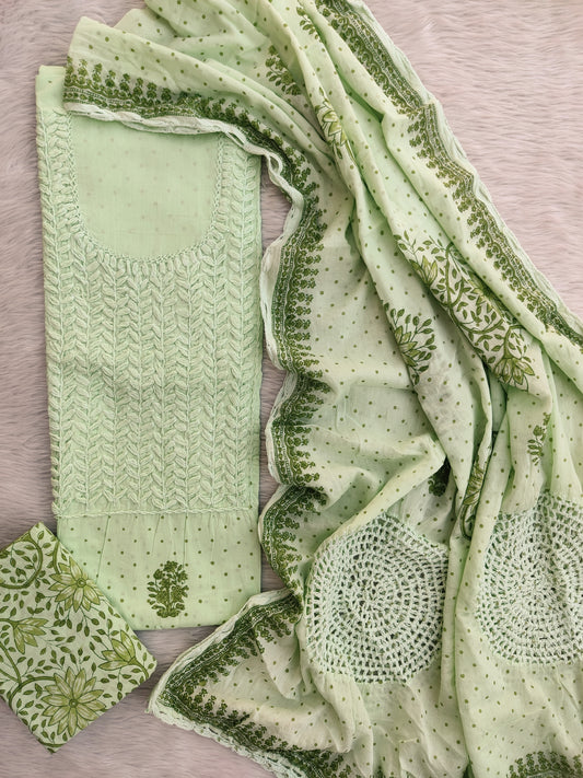 NEW LAUNCH              Aligarh Hand Embroidery Cotton Neck Work Suits with Mulmul Crosia Dupatta