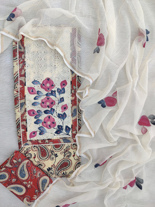 JAIPURI PRINTED  NECK WORK SUITS WITH KOTA DORIA DUPATTA