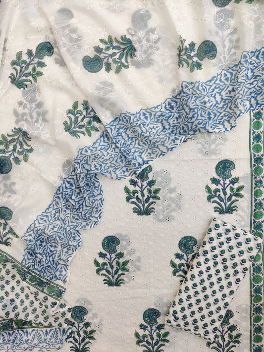 Hand Block Printed Cotton Schiffli Suit with Mulmul Embroidery Dupatta