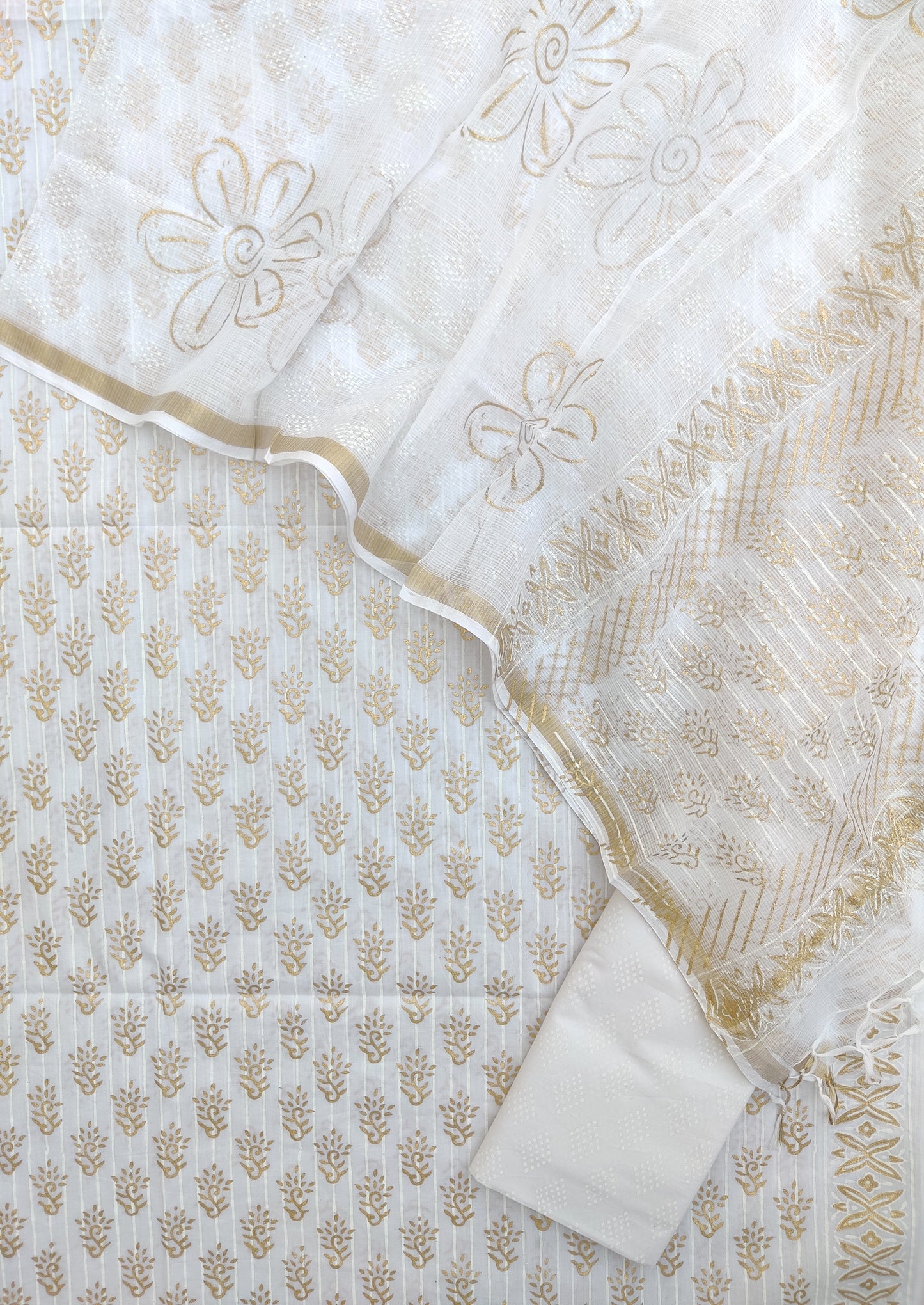 (KHADI GOLD) Hand Block Printed Cotton Suit with Cotton Kota Doria dupatta9