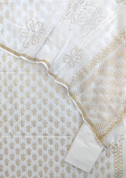 (KHADI GOLD) Hand Block Printed Cotton Suit with Cotton Kota Doria dupatta