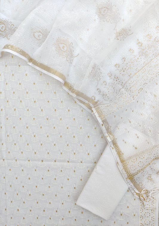 (KHADI GOLD) Hand Block Printed Cotton Suit with Cotton Kota Doria dupatta