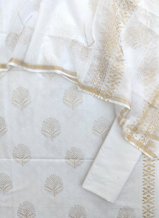 (KHADI GOLD) Hand Block Printed Cotton Suit with Cotton Kota Doria dupatta