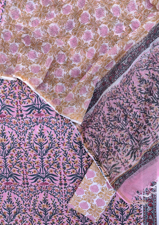 Hand Block Printed Cotton Suit with Cotton Kota Doria dupatta