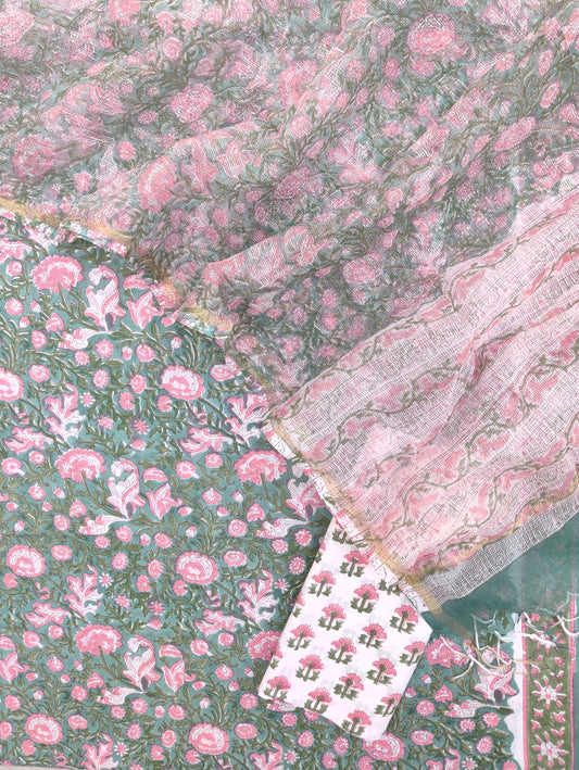 Hand Block Printed Cotton Suit with Cotton Kota Doria dupatta