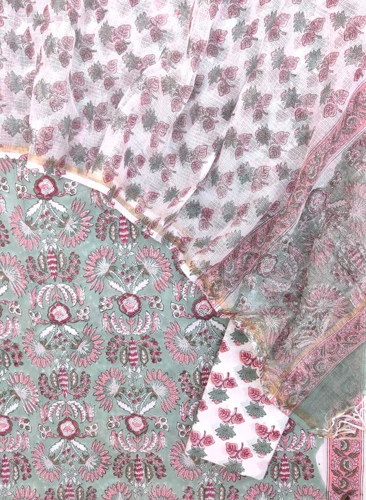 Hand Block Printed Cotton Suit with Cotton Kota Doria dupatta