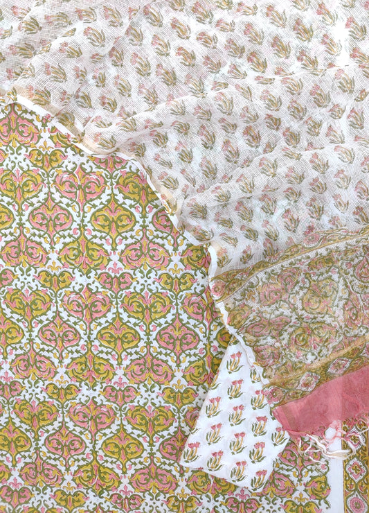 Hand Block Printed Cotton Suit with Cotton Kota Doria dupatta