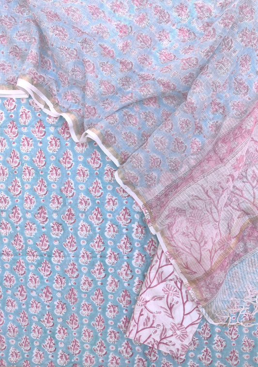 Hand Block Printed Cotton Suit with Cotton Kota Doria dupatta