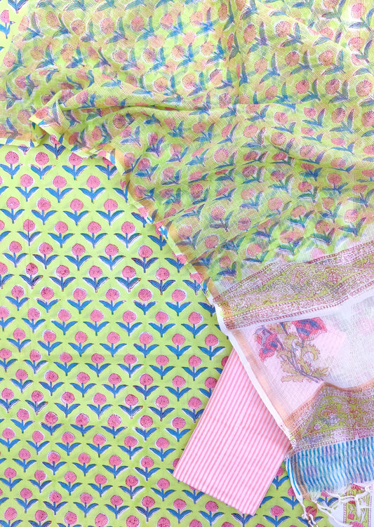 Hand Block Printed Cotton Suit with Cotton Kota Doria dupatta