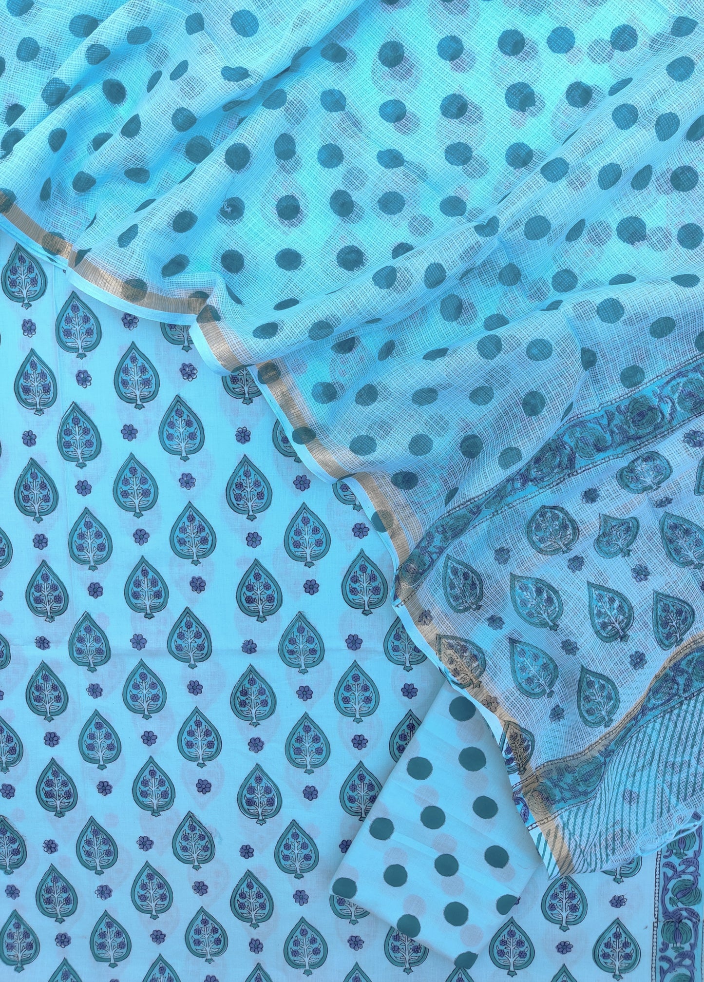 Hand Block Printed Cotton Suit with Cotton Kota Doria dupatta