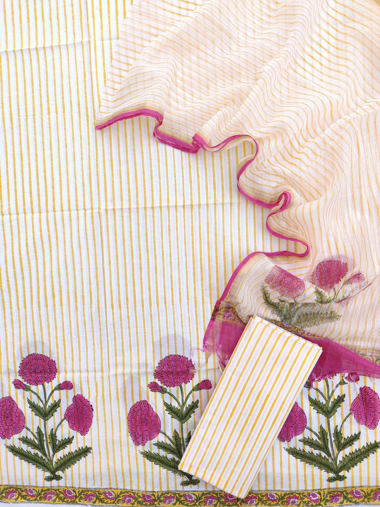 YELLOW BOOTA Hand Block Printed Cotton Suit with Cotton Kota Doria dupatta