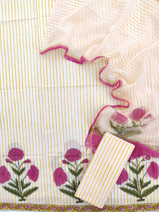 YELLOW BOOTA Hand Block Printed Cotton Suit with Cotton Kota Doria dupatta