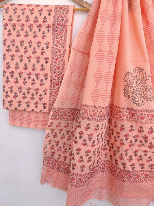 Hand Block Printed Cotton Suit With Mulmul Cotton Dupatta