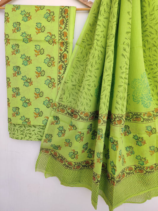 Hand Block Printed Cotton Suit With Mulmul Cotton Dupatta