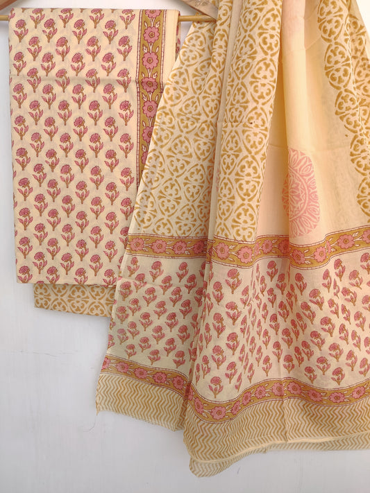 Hand Block Printed Cotton Suit With Mulmul Cotton Dupatta