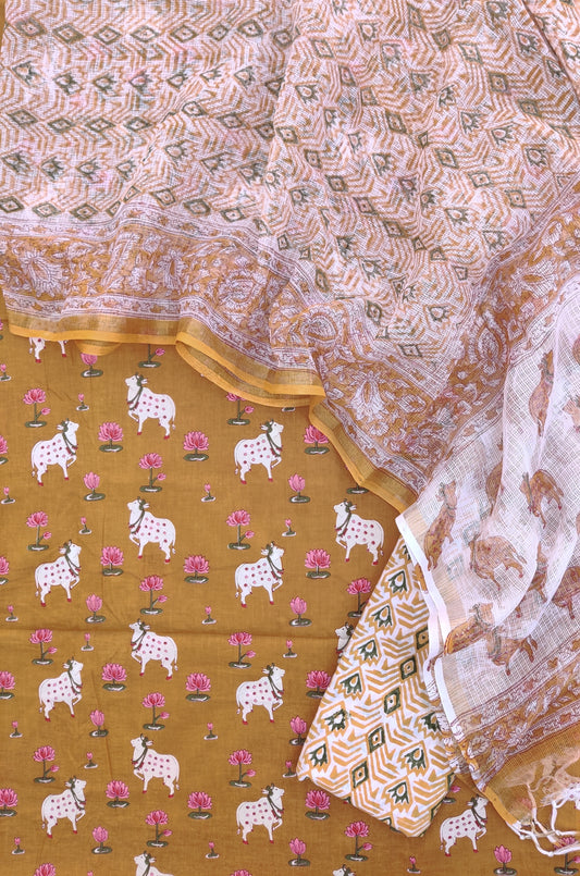 (PICHWAI MUSTARD) Printed Cotton Suit with Cotton Kota Doria dupatta