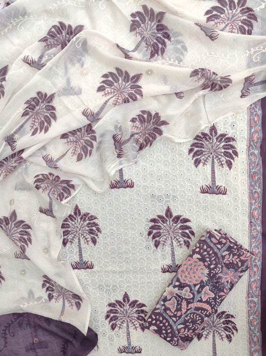 Hand Block Printed Cotton Schiffli Suit with Mulmul Embroidery Dupatta