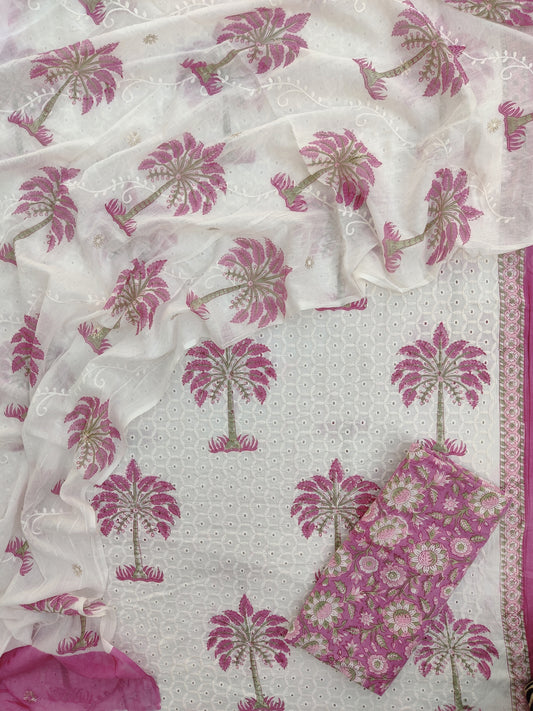 Hand Block Printed Cotton Schiffli Suit with Mulmul Embroidery Dupatta