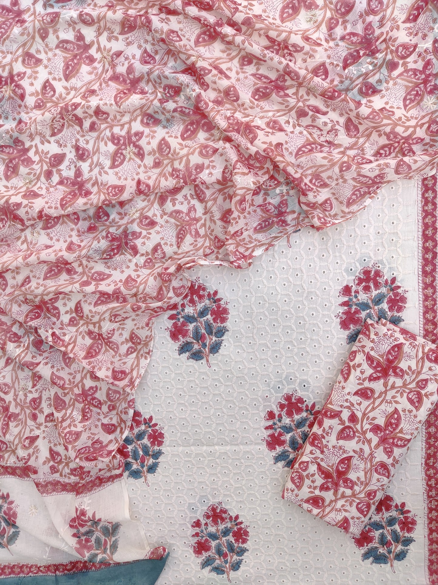 Hand Block Printed Cotton Schiffli Suit with Mulmul Embroidery Dupatta