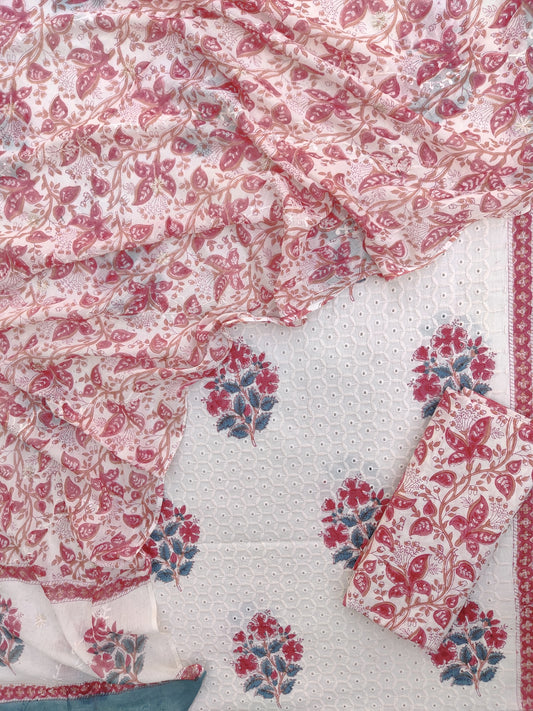 Hand Block Printed Cotton Schiffli Suit with Mulmul Embroidery Dupatta
