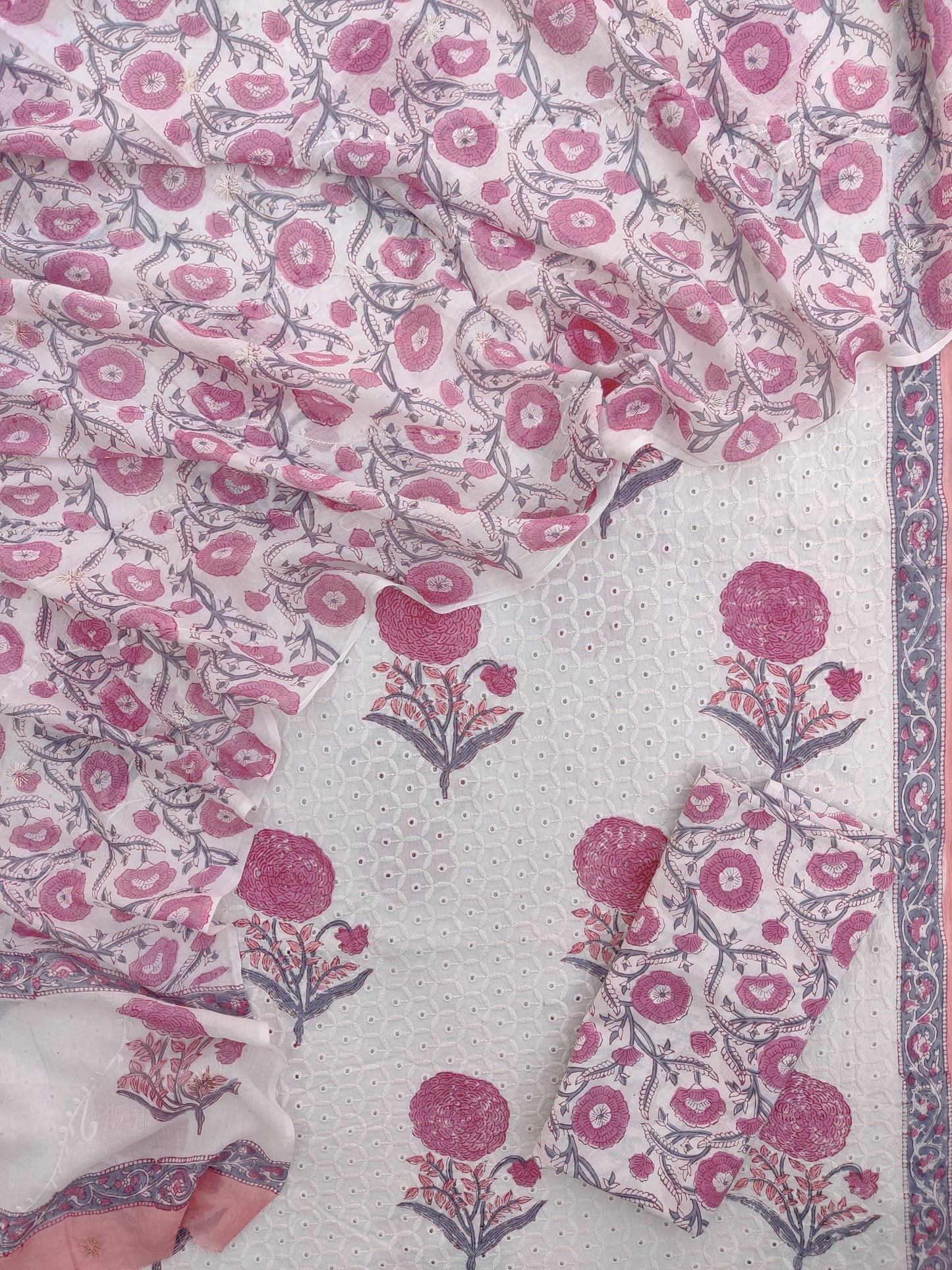 Hand Block Printed Cotton Schiffli Suit with Mulmul Embroidery Dupatta