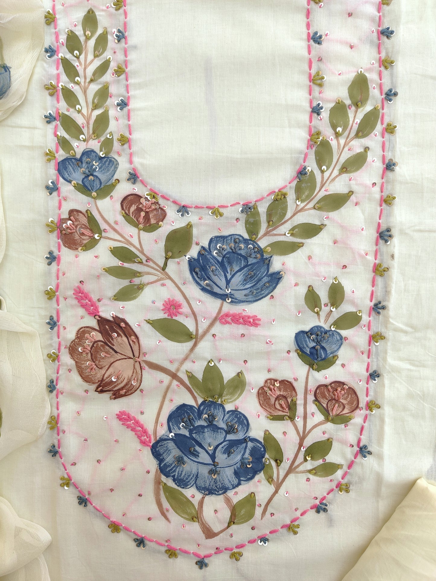 Exclusive Unstitched Cotton Neck Work Suits with Chiffon Dupatta