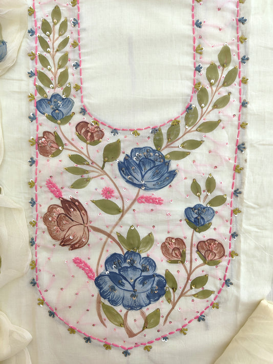 Exclusive Unstitched Cotton Neck Work Suits with Chiffon Dupatta