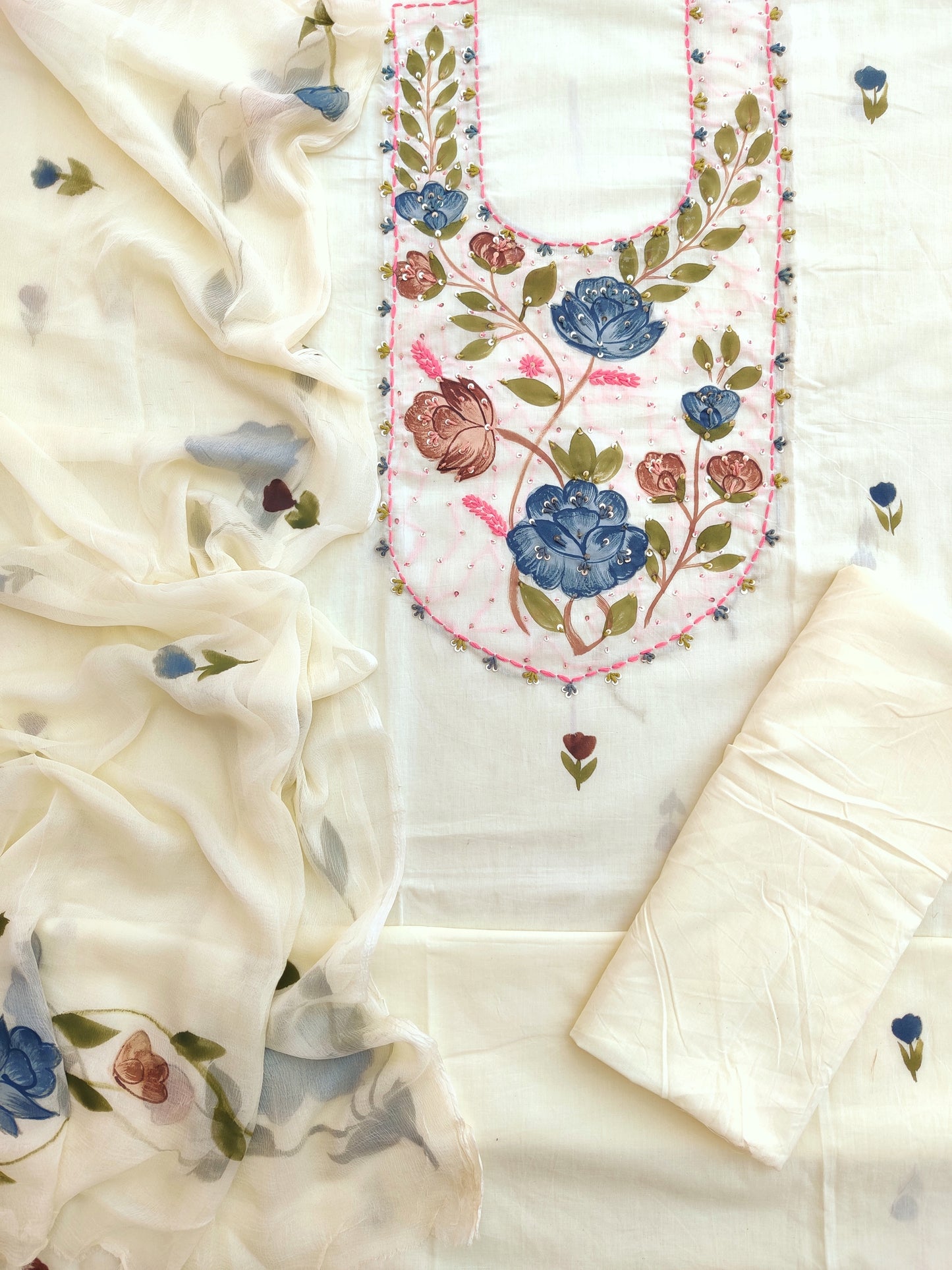 HAND PAINTED PURE COTTON SUIT WITH CHIFFON DUPATTA