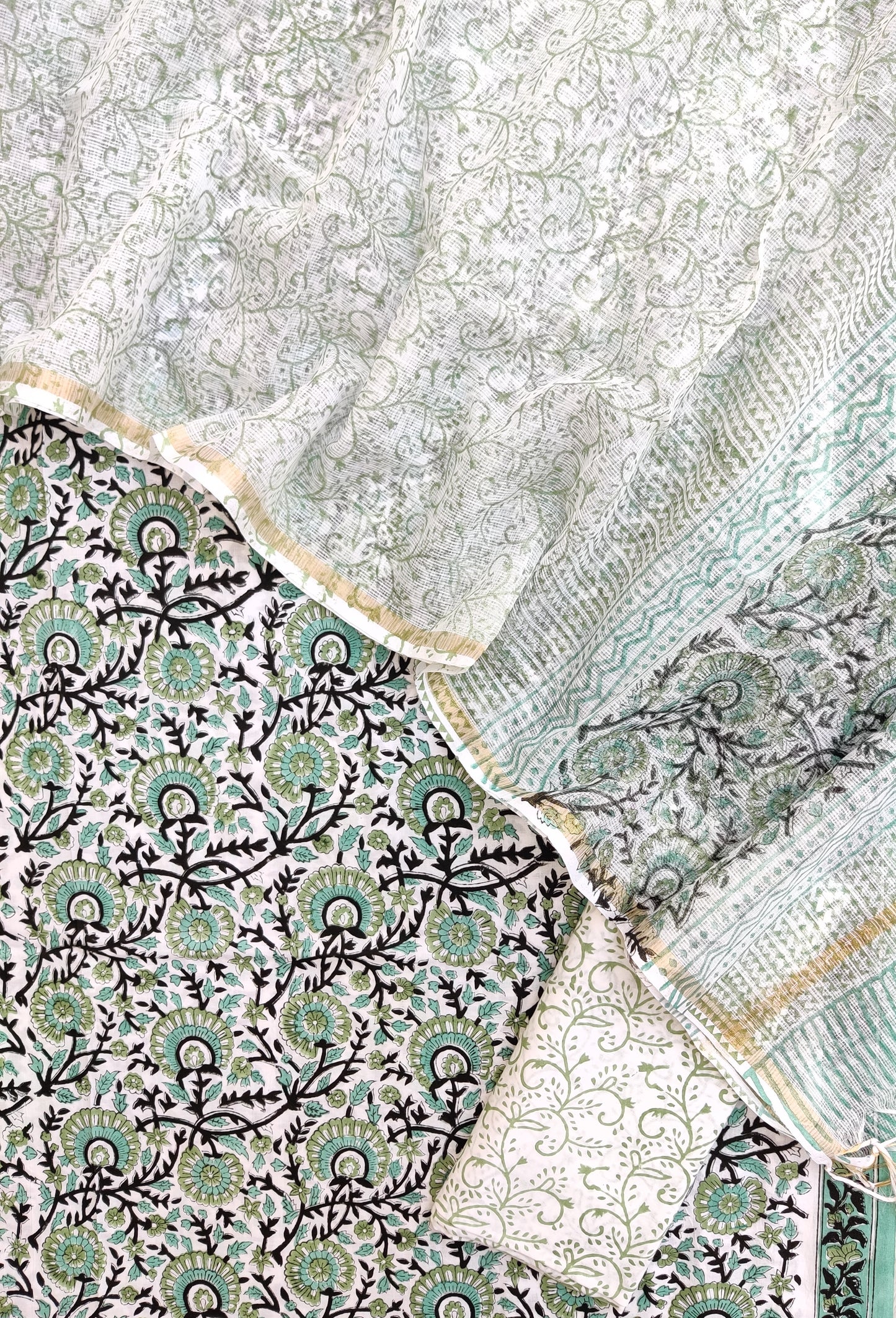 Hand Block Printed Cotton Suit with Cotton Kota Doria dupatta