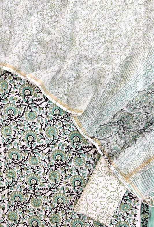 Hand Block Printed Cotton Suit with Cotton Kota Doria dupatta