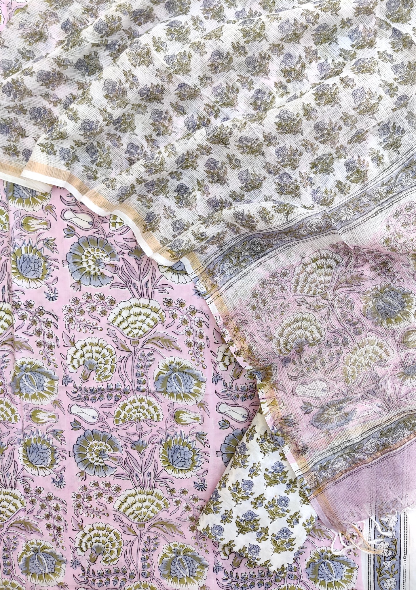 Hand Block Printed Cotton Suit with Cotton Kota Doria dupatta