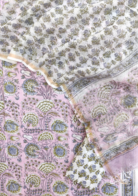 Hand Block Printed Cotton Suit with Cotton Kota Doria dupatta
