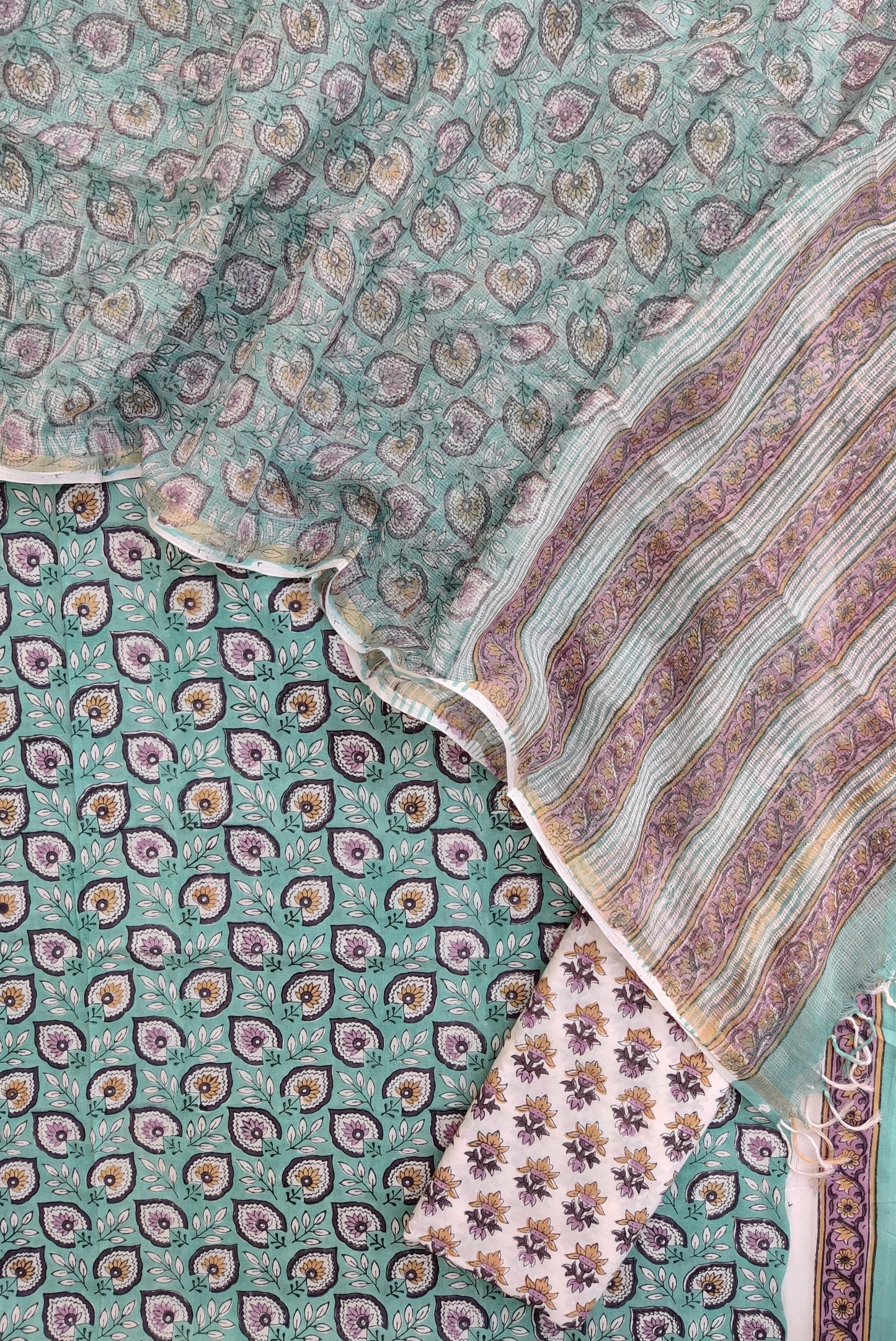 Hand Block Printed Cotton Suit with Cotton Kota Doria dupatta