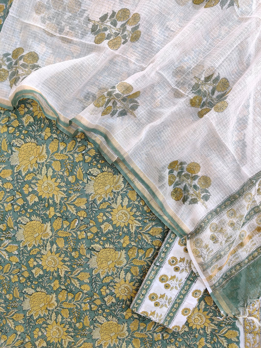 Hand Block Printed Cotton Suit with Cotton Kota Doria dupatta