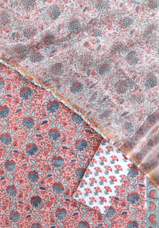 Hand Block Printed Cotton Suit with Cotton Kota Doria dupatta