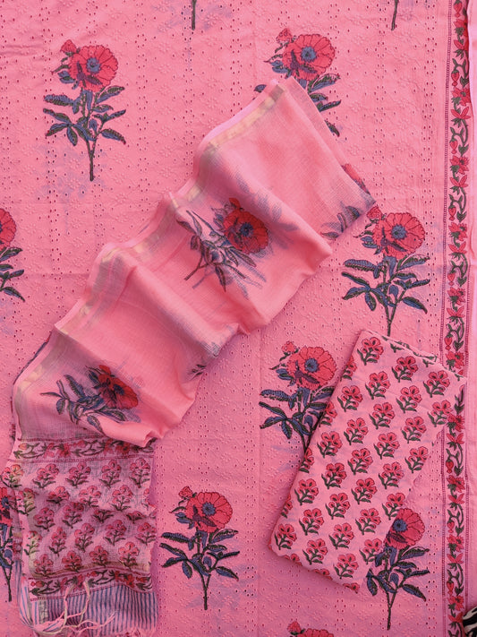 Hand Block Printed Cotton Schiffli Suit with Kota Doria Dupatta