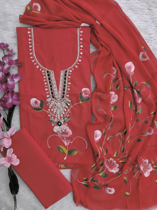 FLORAL PRINTED COTTON GOTA PATTI SUIT WITH CHIFFON DUPATTA