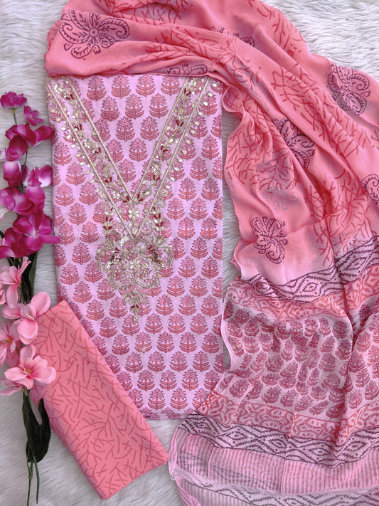 FLORAL PRINTED COTTON GOTA PATTI SUIT WITH CHIFFON DUPATTA