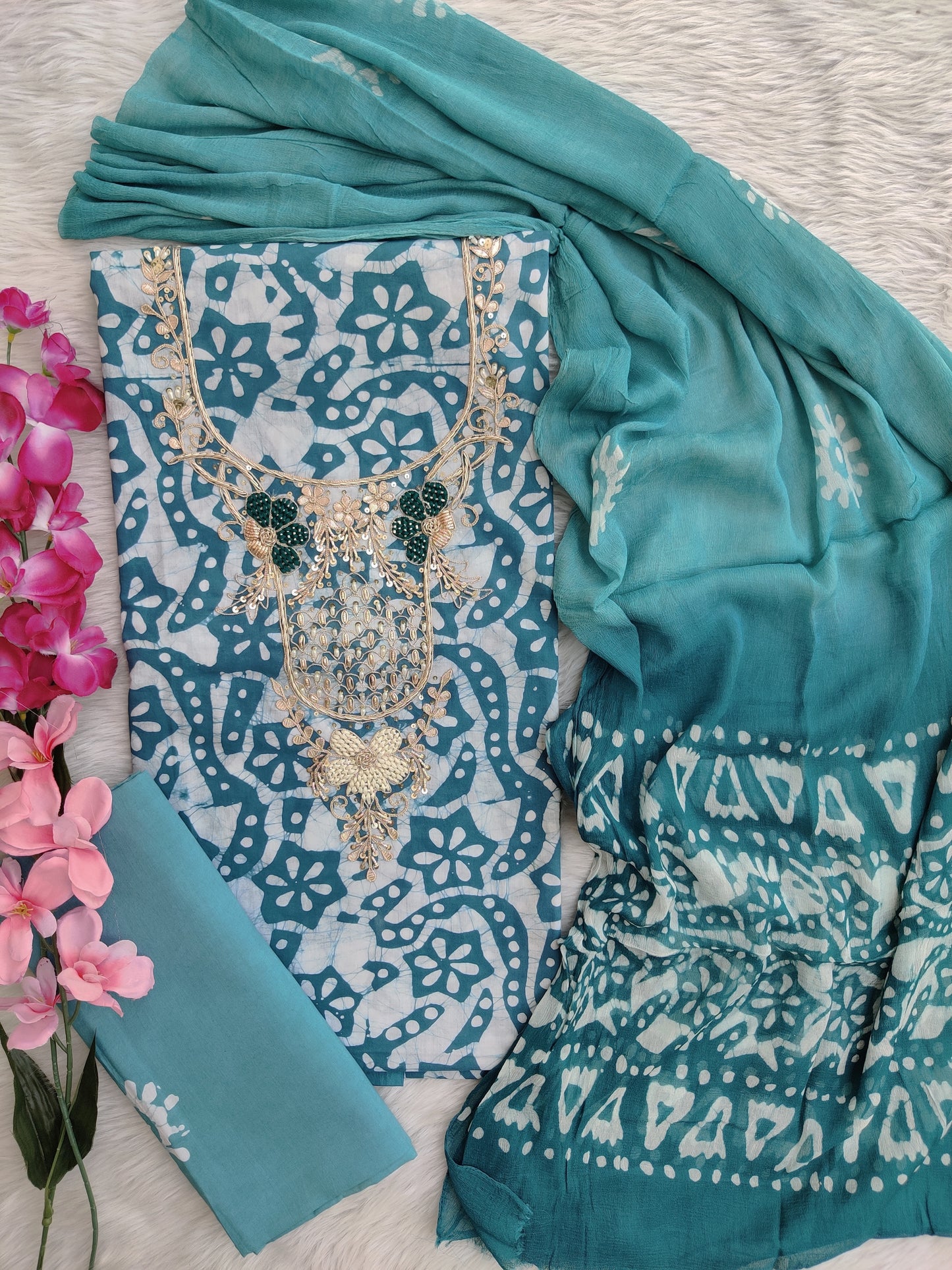 FLORAL PRINTED COTTON GOTA PATTI SUIT WITH CHIFFON DUPATTA