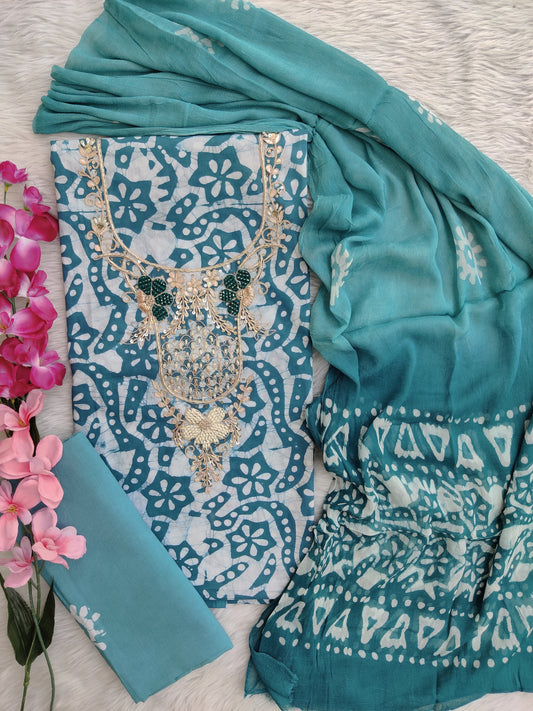 FLORAL PRINTED COTTON GOTA PATTI SUIT WITH CHIFFON DUPATTA