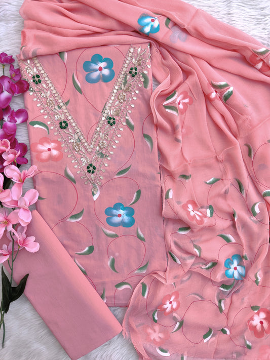 FLORAL PRINTED COTTON GOTA PATTI SUIT WITH CHIFFON DUPATTA
