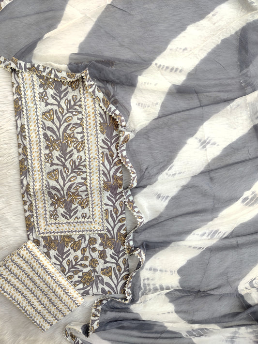 Exclusive Unstitched Cotton Neck Work Suits with Chiffon Dupatta