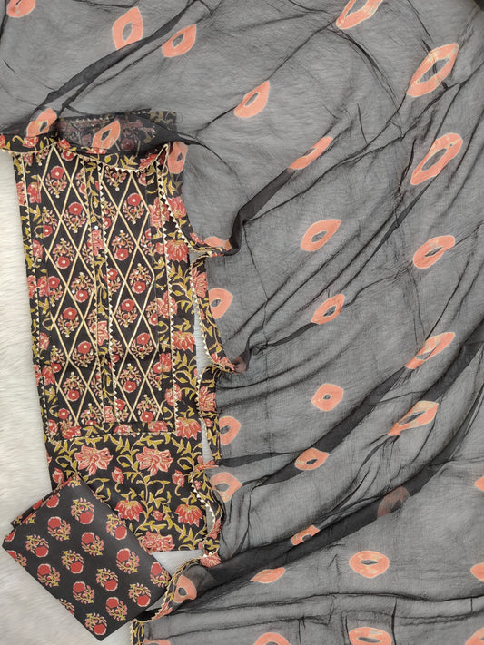 Exclusive Unstitched Cotton Neck Work Suits with Chiffon Dupatta