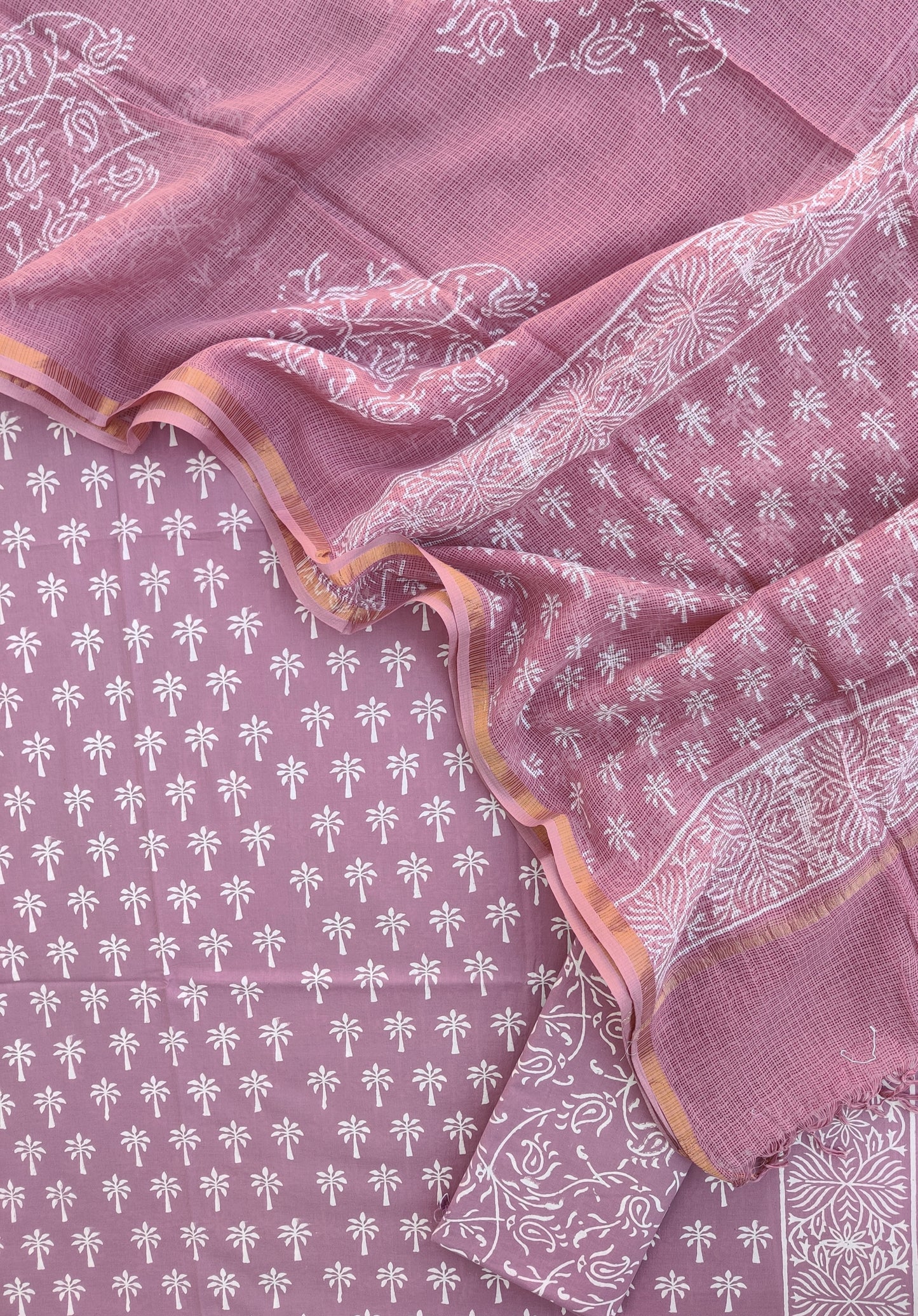 Hand Block Printed Cotton Suit with Cotton Kota Doria dupatta