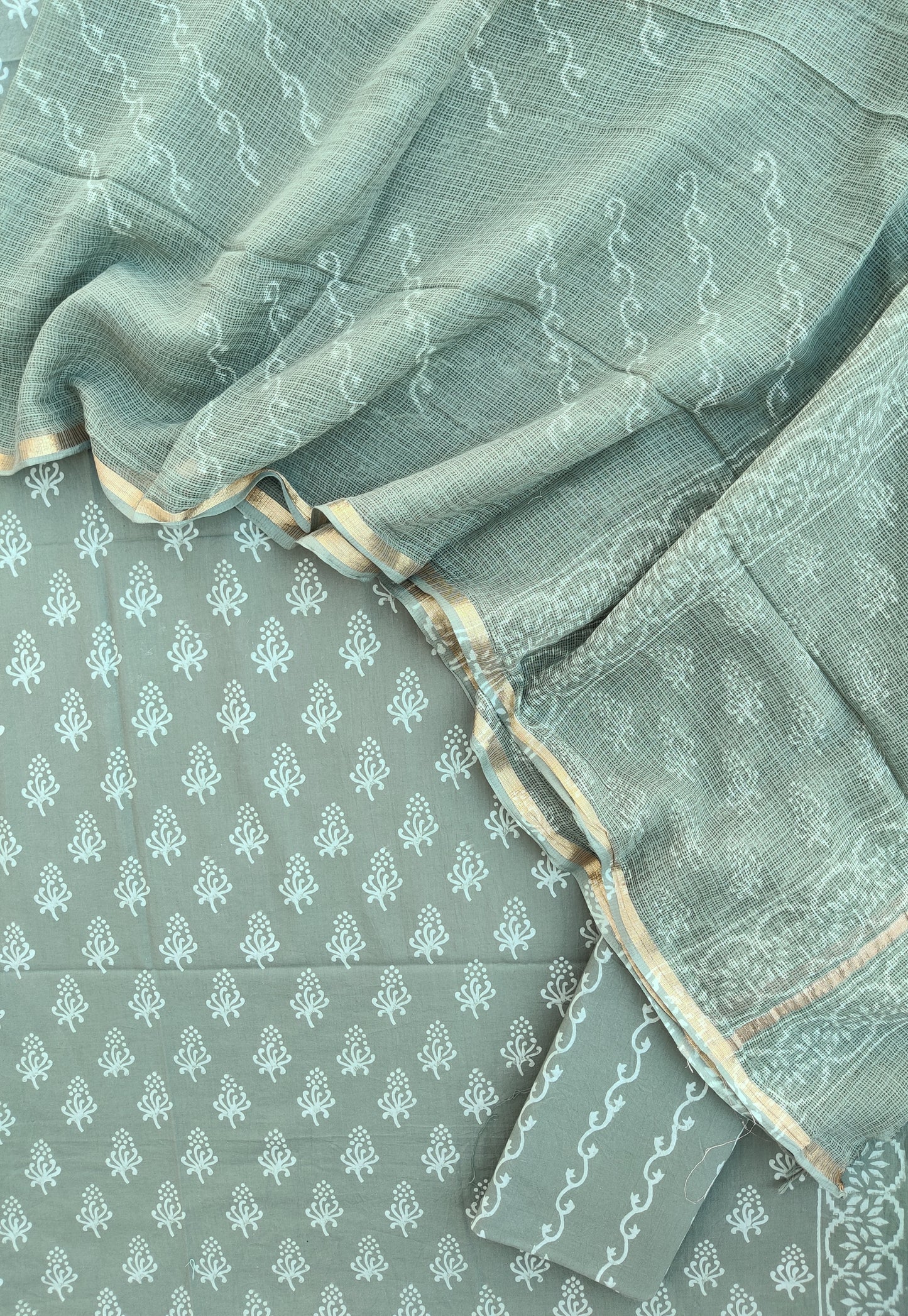 Hand Block Printed Cotton Suit with Cotton Kota Doria dupatta