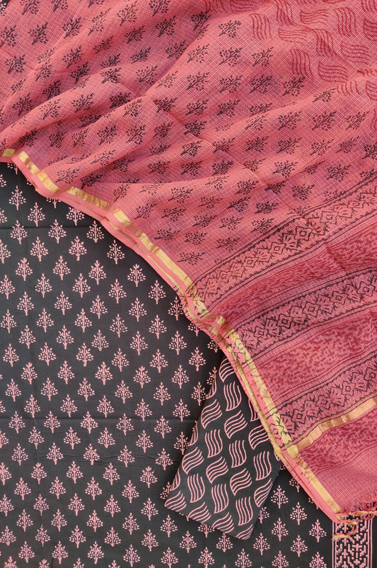 Hand Block Printed Cotton Suit with Cotton Kota Doria dupatta