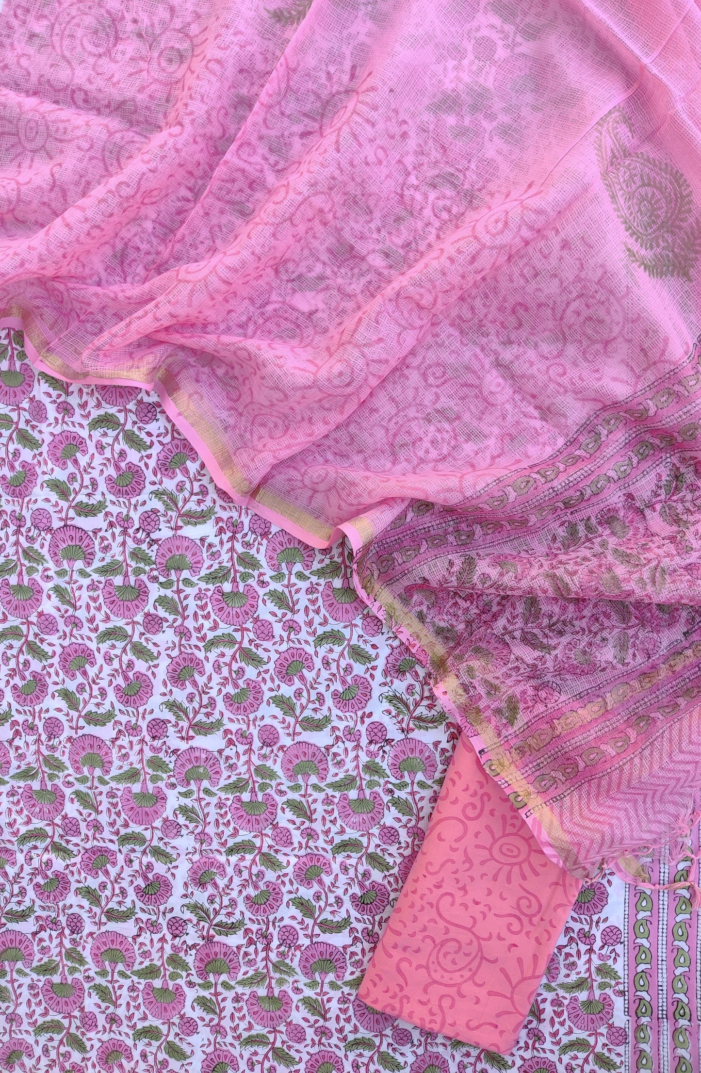 Hand Block Printed Cotton Suit with Cotton Kota Doria dupatta