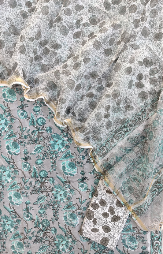 Hand Block Printed Cotton Suit with Cotton Kota Doria dupatta
