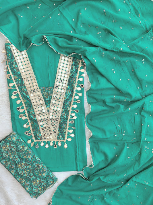 COTTON MIRROR WORK SUIT WITH COTTON MULMUL EMBROIDERY DUPATTA