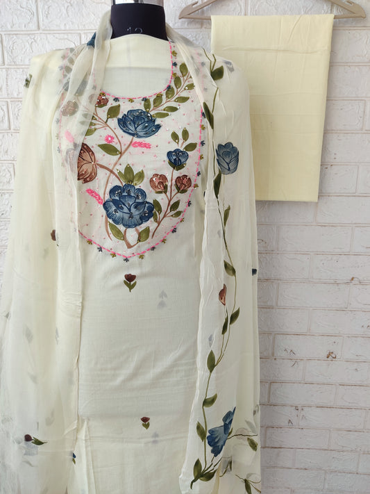 Exclusive Unstitched Cotton Neck Work Suits with Chiffon Dupatta